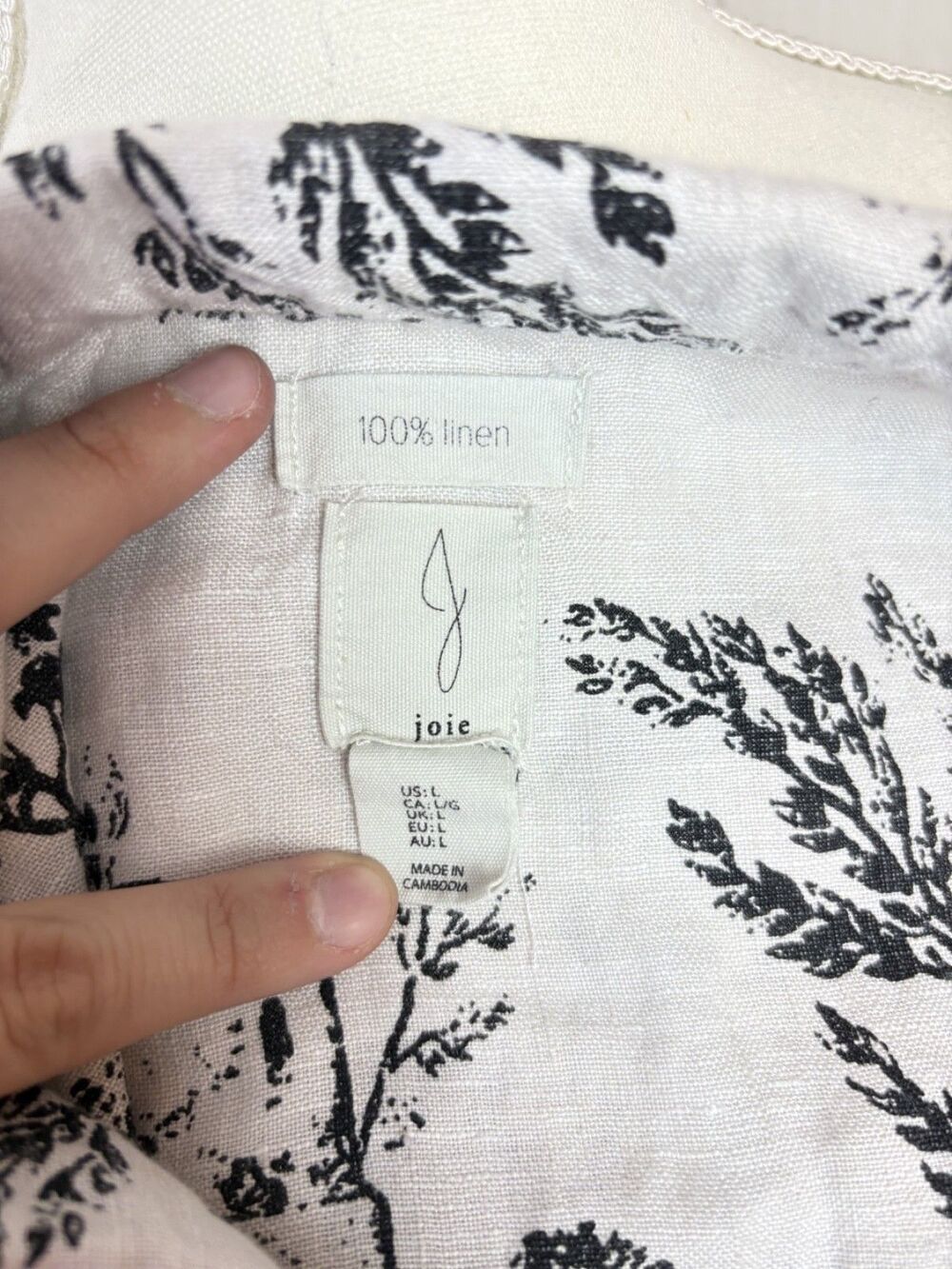 Joie 100% Linen Toile Print Black Ivory Sleeveless Button Up Large - 463 - Picture 5 of 6